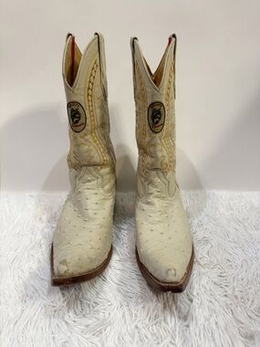 Donaldo Men’s Cream Ostrich Leather Cowboy Boots with Embroidered Shaft Sz  81/2